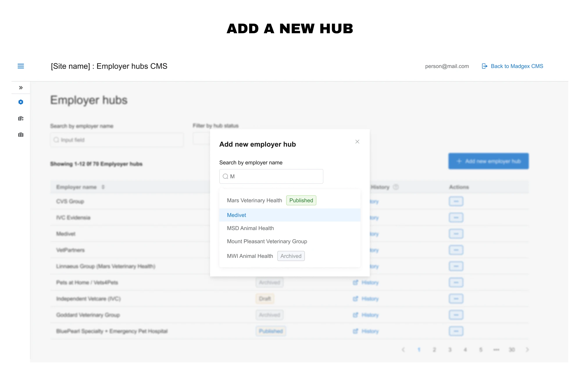 Add a new hub — the 'Add new employer hub' dialog searching employers by name over the hub list