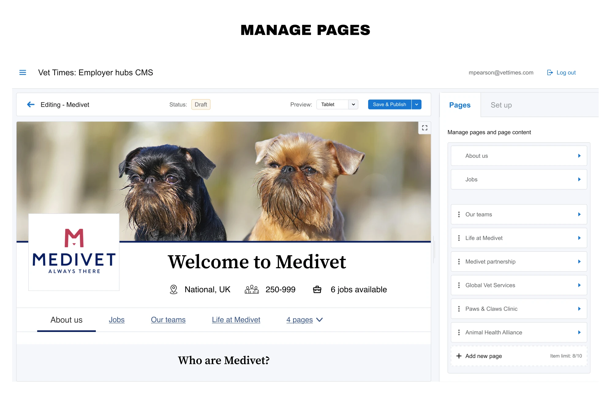 Manage pages — editing the Medivet hub in draft, with its pages listed in a side panel for reordering