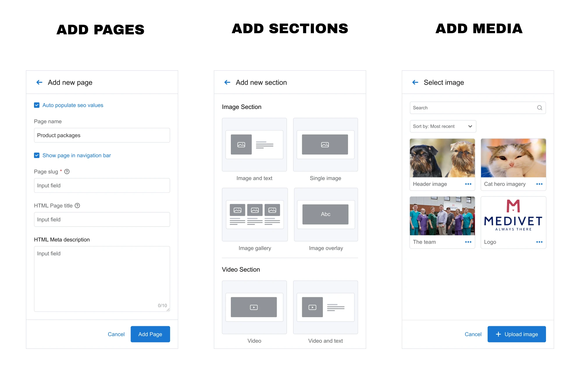 Add pages, add sections and add media — the three side panels for creating a page, choosing a section layout and selecting an image