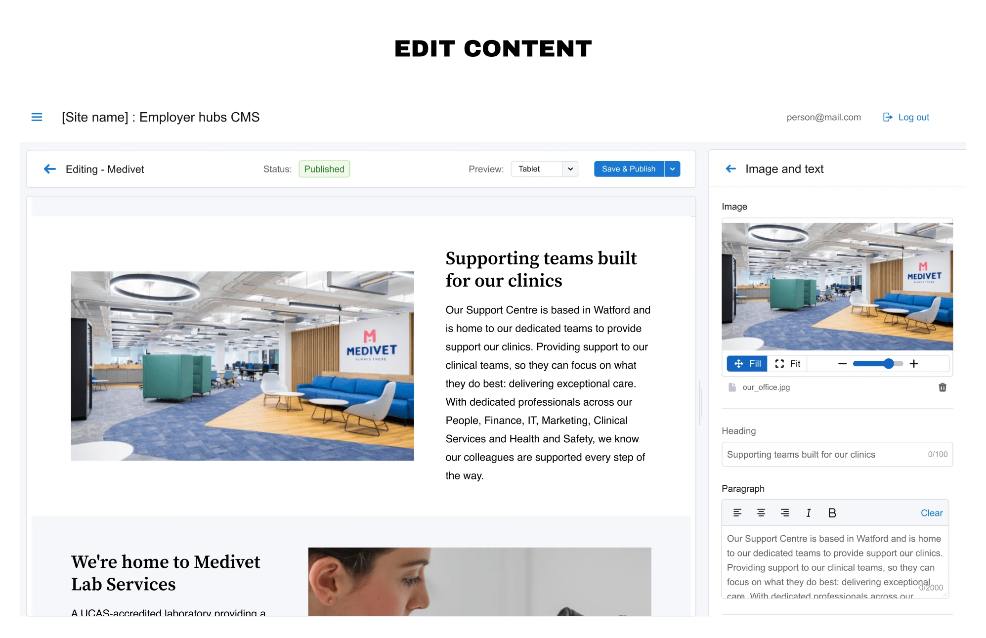 Edit content — an image-and-text section in the editor, with image fill and zoom controls and a heading and paragraph field