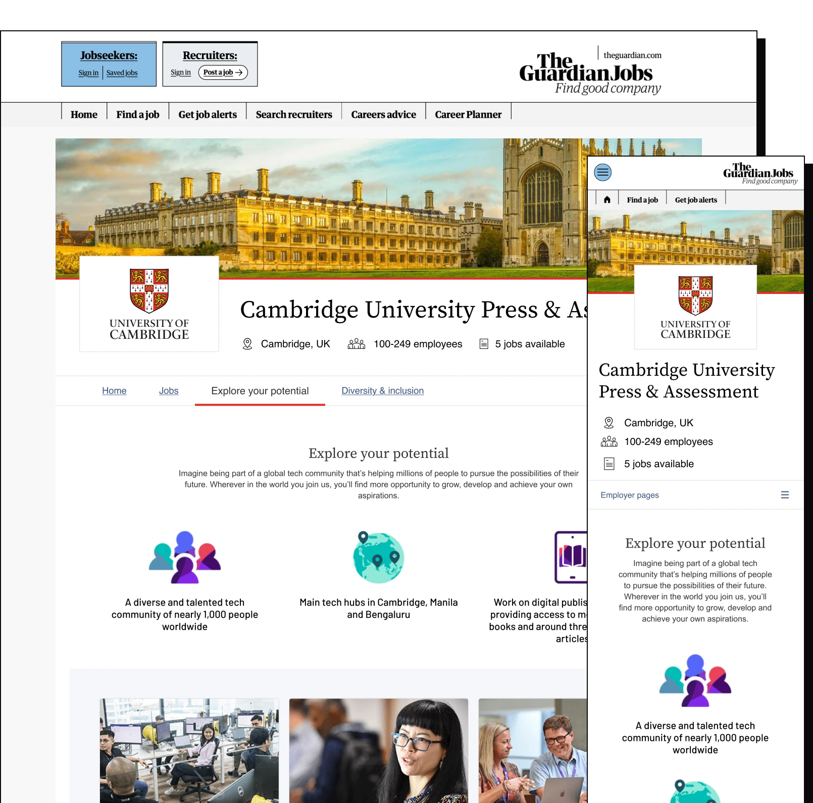 Guardian Jobs employer hub — desktop and mobile preview