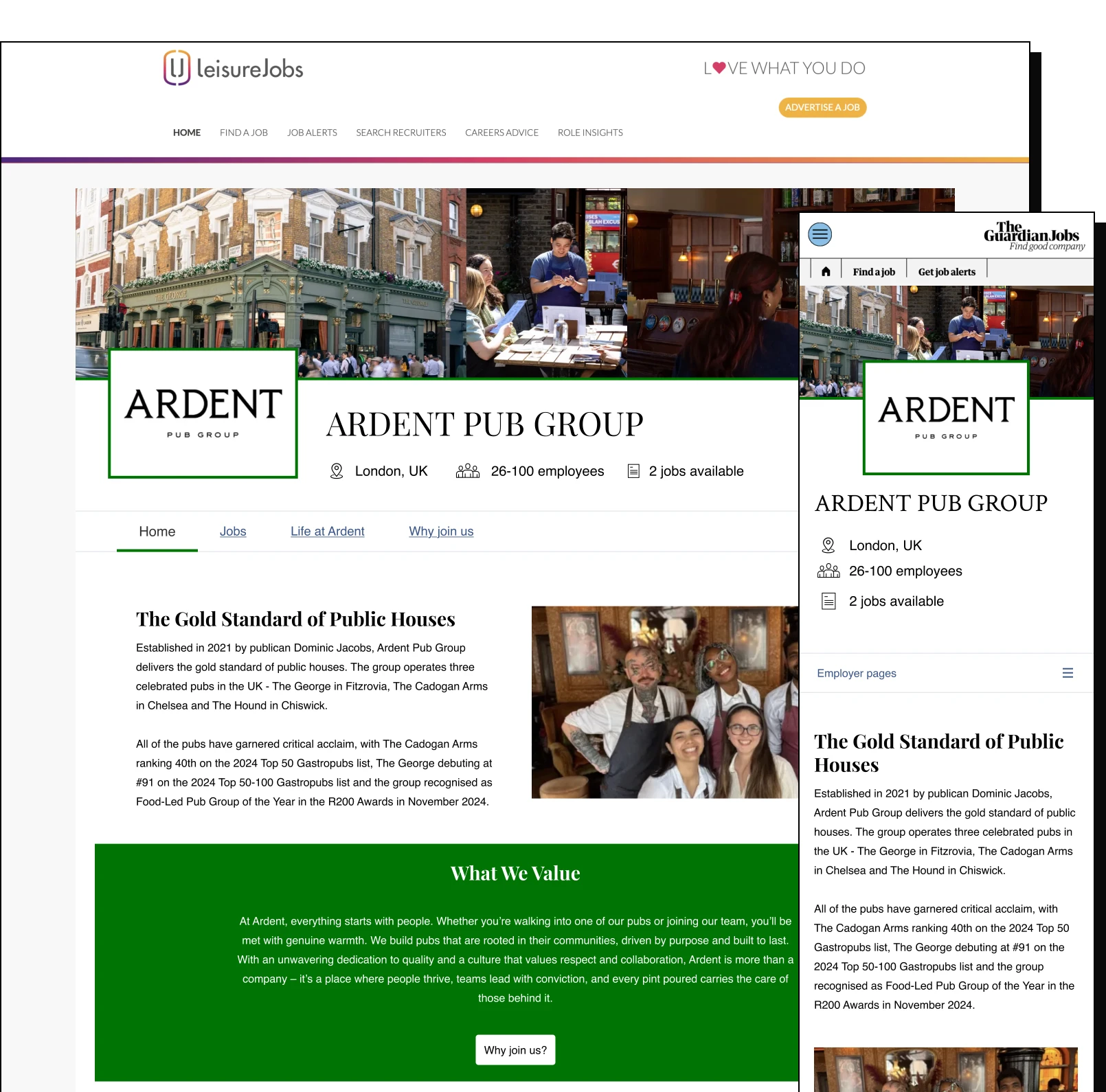 Leisure Jobs employer hub — desktop and mobile preview