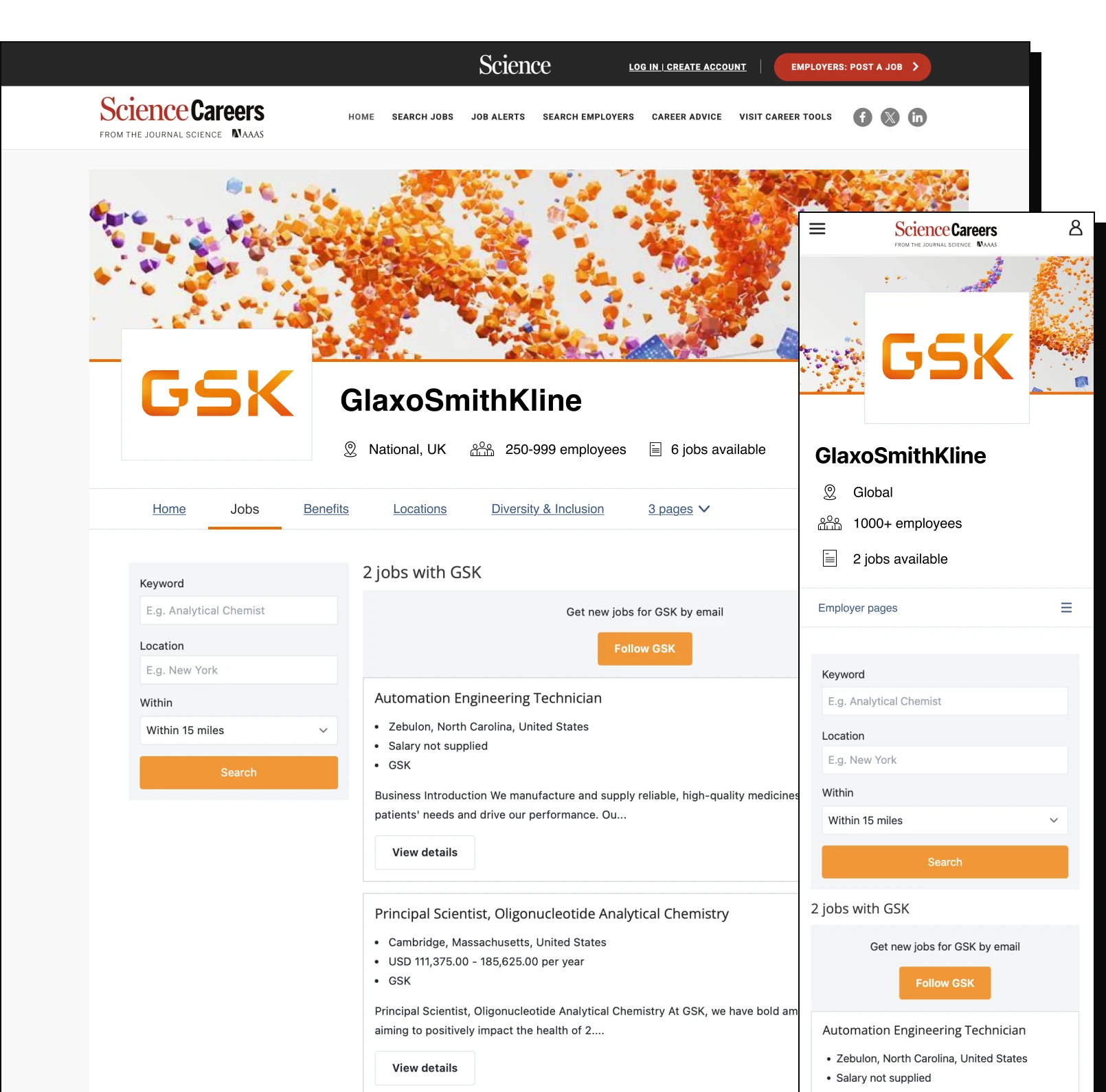 Science Careers employer hub — desktop and mobile preview