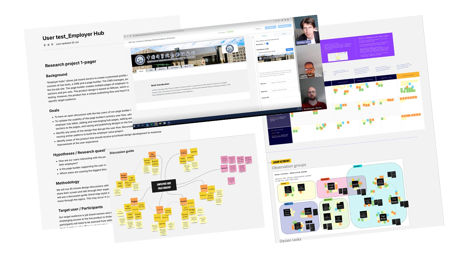 User-testing materials — the one-pager, discussion guide, session photos and workshop analysis