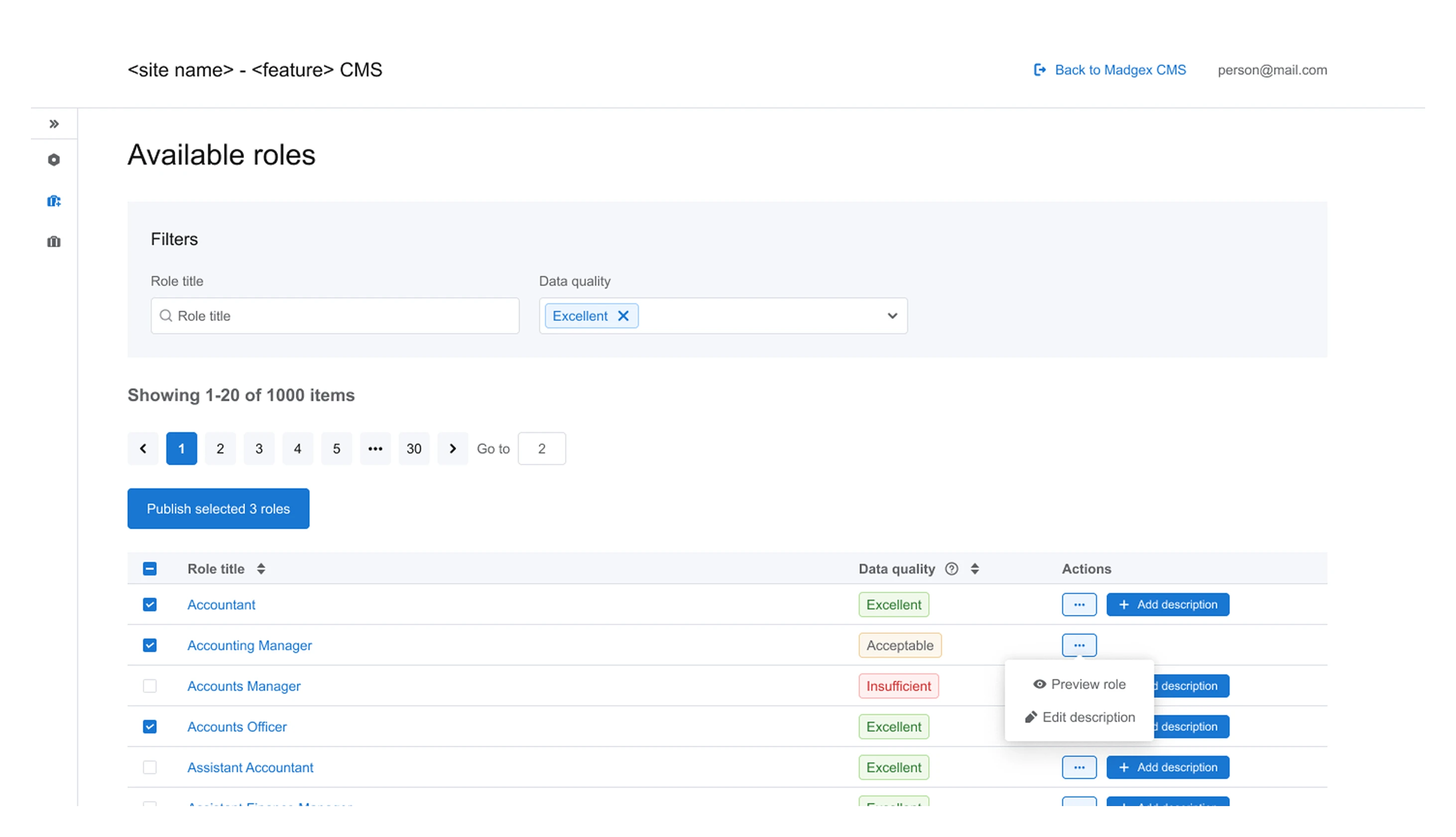 The Available roles list in the CMS — 1000 roles, filterable by title and data quality, each row scored Excellent, Acceptable or Insufficient