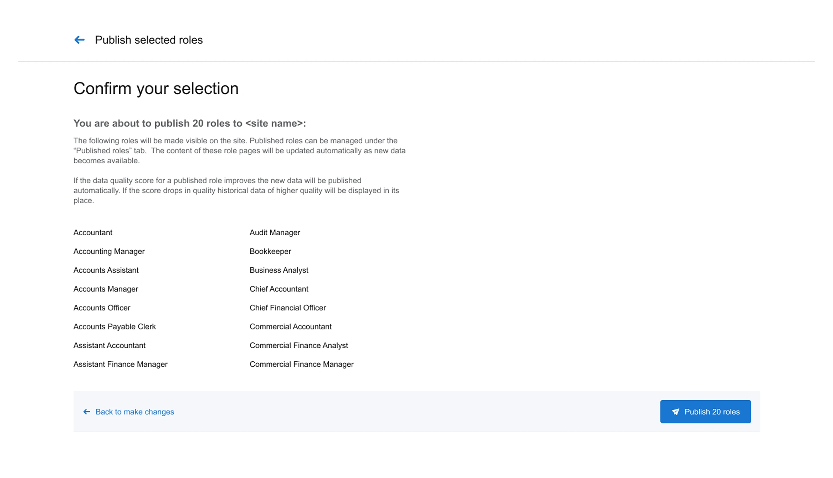 Confirming a bulk publish of the selected roles