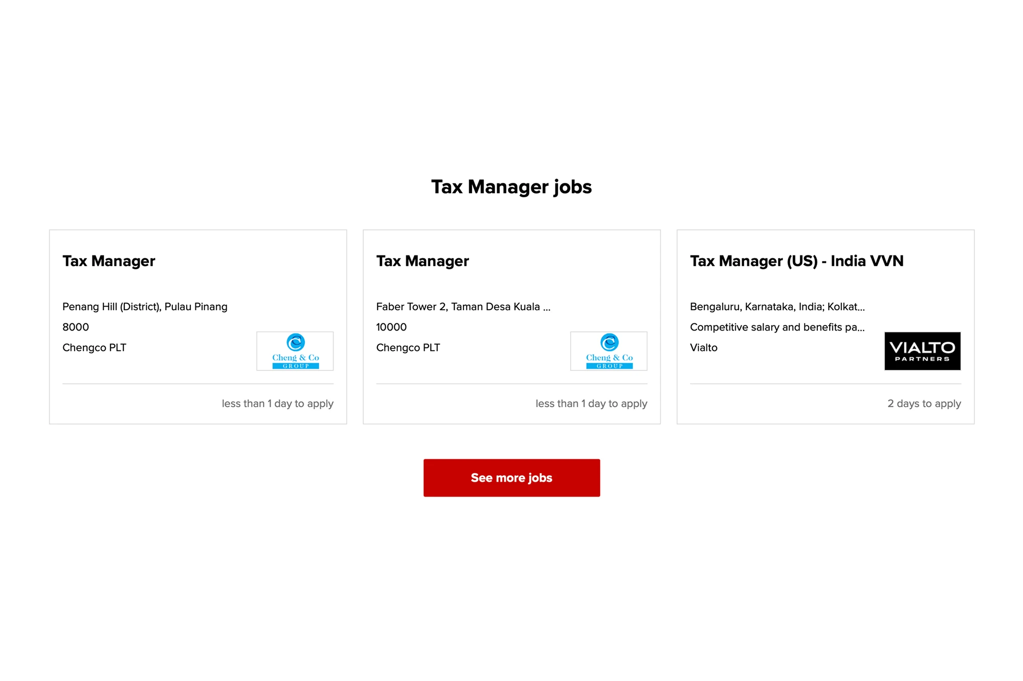 Live Tax Manager job listings linked from the role profile