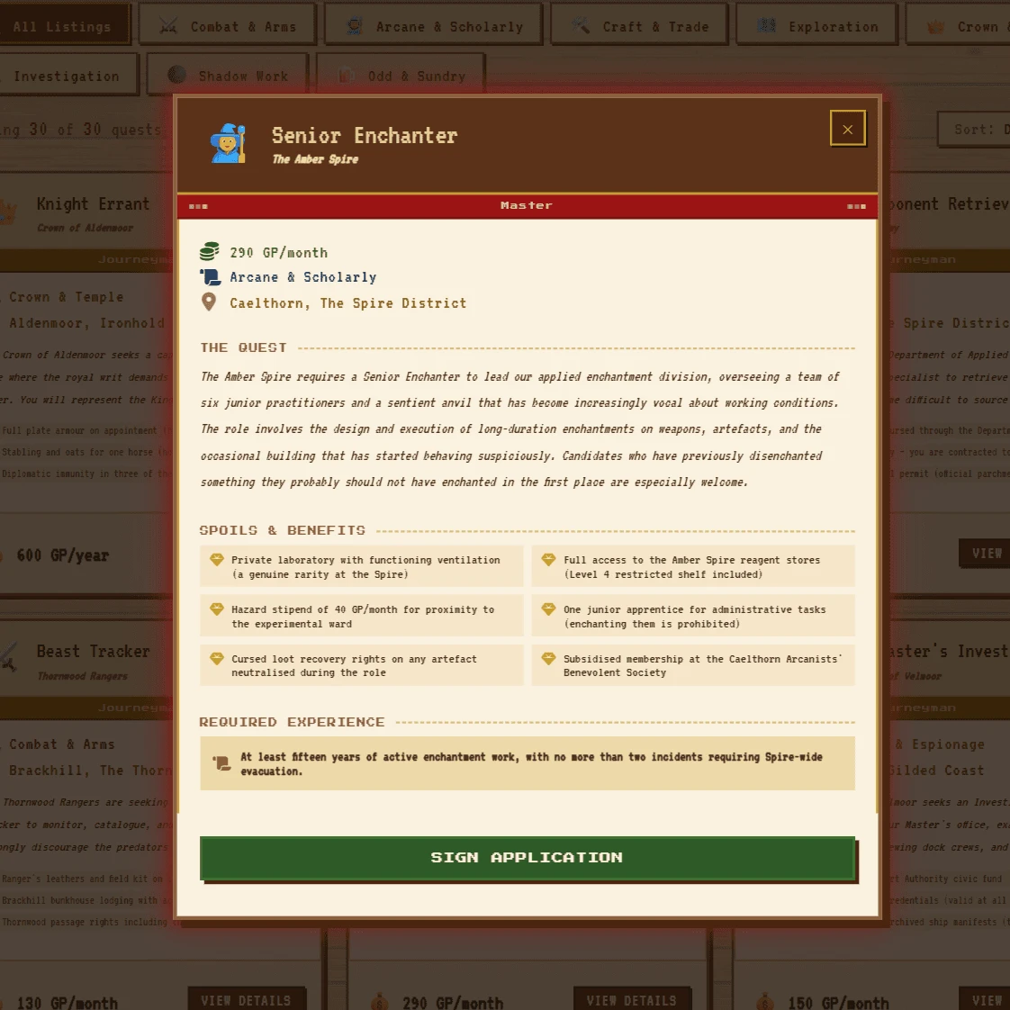 The Senior Enchanter quest opened as a modal over the board, showing rate, class, location, the quest description, a spoils and benefits grid, required experience and a green Sign Application button.