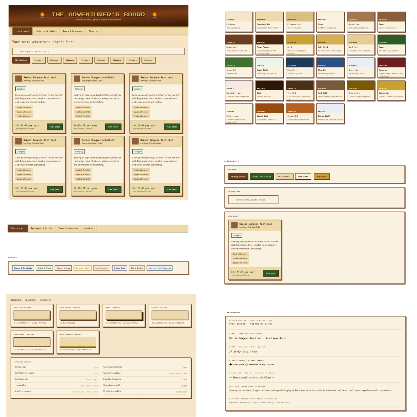 The Figma design system file: colour tokens named for parchment, gold, bronze and burgundy, alongside button, badge, search and job card components, border and spacing tokens and a type scale.