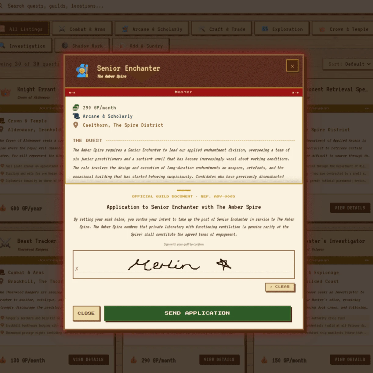 The contract signing step inside the quest modal: an official guild document setting out the terms, signed by hand as Merlin in a quill field, above Close and Send Application buttons.