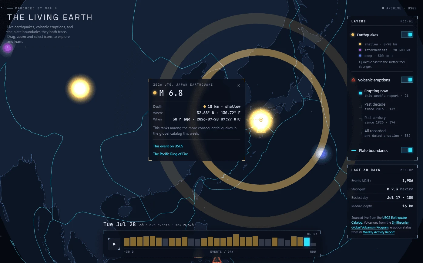 A zoomed view of a magnitude 6.8 earthquake off Japan, its sonar rings expanding across the map, with a detail card giving depth, coordinates, time and a link to the USGS record.