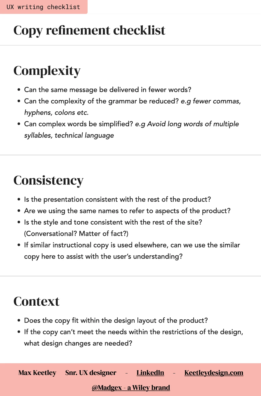The Copy refinement checklist: a portrait sheet under a pink header, grouping review questions under three headings — Complexity, Consistency and Context.
